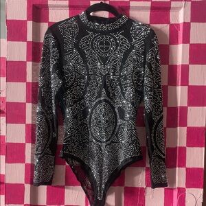 Fashion Nova Black Bodysuit with Silver Accents